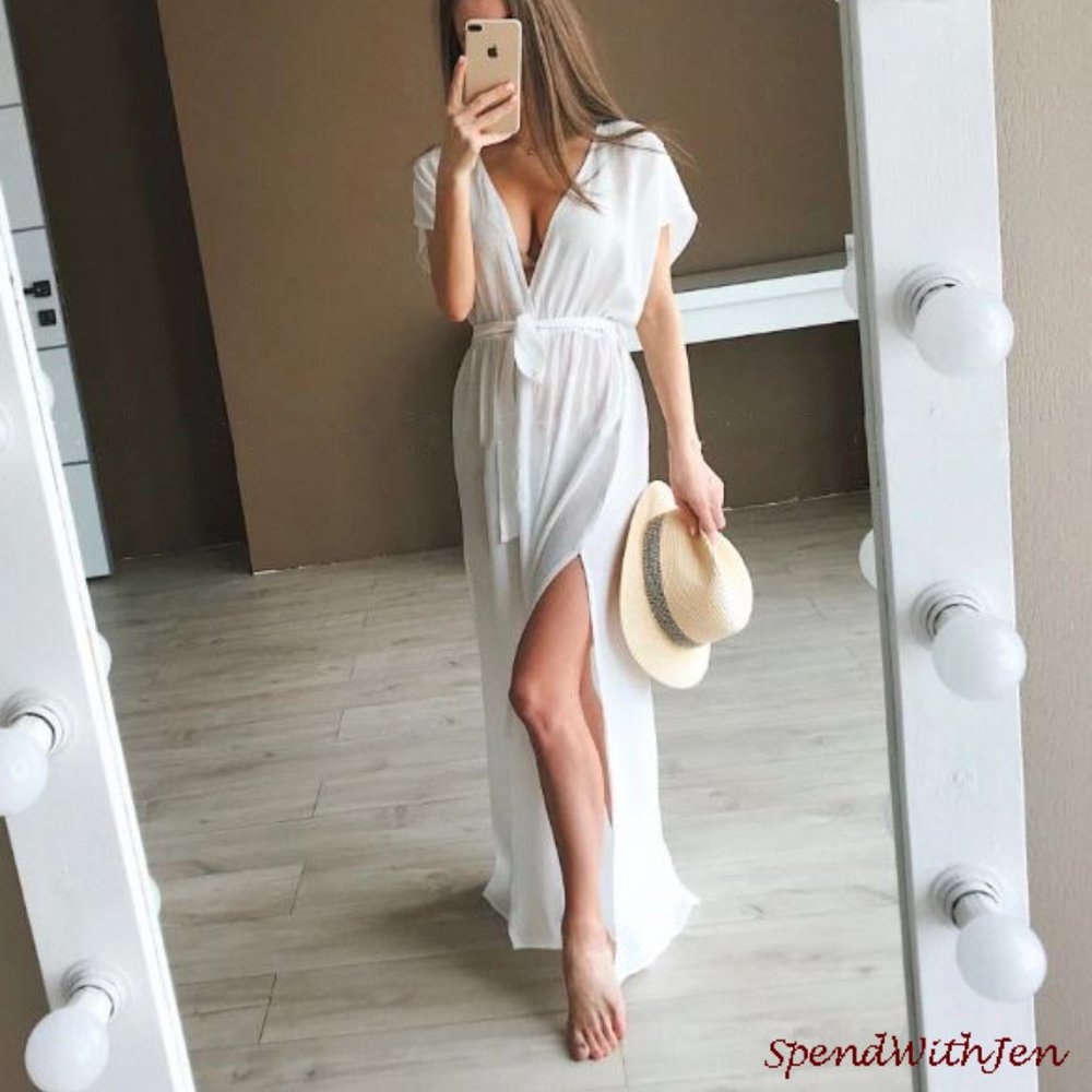 Flowy Boho Front Slit White Beach Swim Coverup - Picture 3 of 7